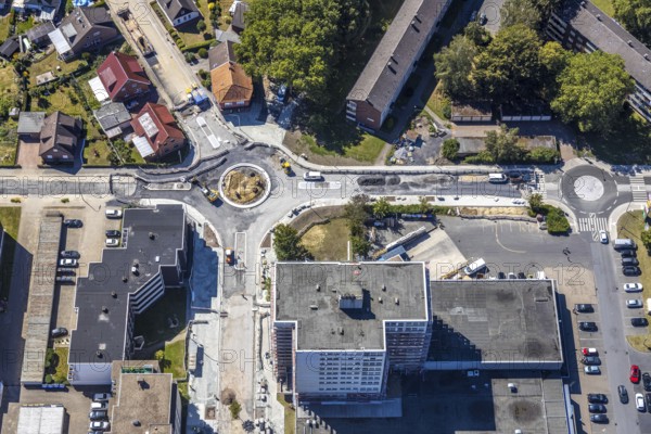 Aerial view, road construction, Baumerstrasse, Rautensteinstrasse, Friedrich-Ebert-Strasse, roundabouts, Bockum-Hövel, Hamm, Ruhr area, North Rhine-Westphalia, Germany, DE, Europe, birds-eyes view, aerial photography, aerial photography, overview, bird's eye view