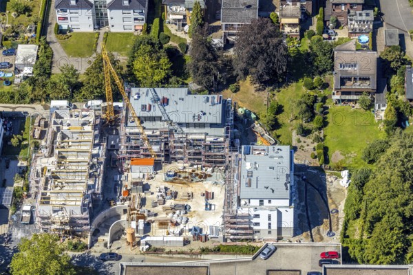 Aerial view, new construction of a residential complex next to the Josef-Hospital, Malteser-Hospital, Hohenhöveler Straße, Klemmestraße, Bockum-Hövel, Hamm, Ruhr area, North Rhine-Westphalia, Germany, DE, Europe, birds-eyes view, aerial view, aerial photography, aerial photography, overview, bird's eye view