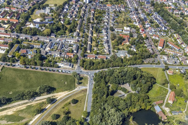 Aerial view, intersection Dolberger Straße, Fährstraße and Amtsstraße in Heessen, Hamm, Ruhr area, North Rhine-Westphalia, Germany, DE, Europe, birds-eyes view, aerial view, aerial photography, aerial photography, overview, overview, bird's eye view