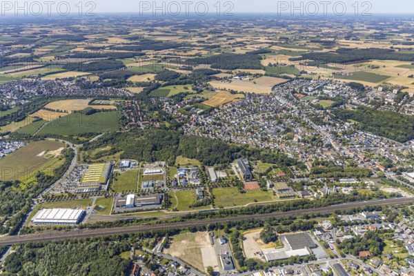 Aerial photo, Ökozentrum Hamm with Fischerhalle, OBI-Hamm, Heessen, Hamm, Ruhr area, North Rhine-Westphalia, Germany, DE, Europe, birds-eyes view, aerial view, aerial photography, aerial photography, overview, bird's eye view
