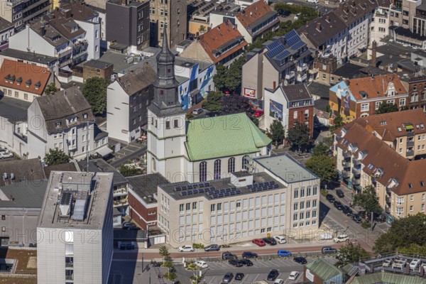 Aerial view, renovated protestant youth church Martin-Luther, church district Hamm new building, new building flats south wall, Hamm, Ruhr area, North Rhine-Westphalia, Germany, DE, Europe, birds-eyes, view, aerial view, aerial photography, aerial photography, overview, overview, bird's eye view, house of God, religion, faith, worship, mass, living, flat, houses, residential buildings, housing estate, settlement