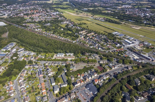 Aerial view, overview Münsterstraße - Westberger Weg, Hauptschule Karlschule, Wolfgang-Glaubitz-Seniorenzentrum, airfield EDLH, railway line direction Ahlen, Hamm, Ruhr area, North Rhine-Westphalia, Germany, DE, Europe, birds-eyes, view, aerial view, aerial photography, aerial photography, overview, bird's eye view