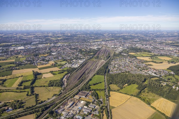Aerial photo, marshalling yard, overview Lohauserholz, Hamm, Ruhr area, North Rhine-Westphalia, Germany, DE, Europe, birds-eyes, view, aerial photography, aerial photography, overview, bird's eye view, freight, freight yard, goods trains, freight traffic, transport, logistics