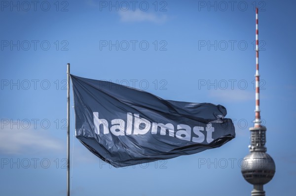 DEU Germany Germany Berlin The alternative project Holzmarkt on the banks of the Spree The flag 'half-mast' flies over the Holzmarkt