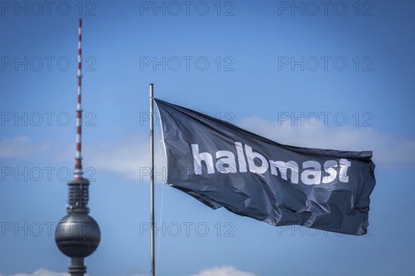DEU Germany Germany Berlin The alternative project Holzmarkt on the banks of the Spree The flag 'half-mast' flies over the Holzmarkt