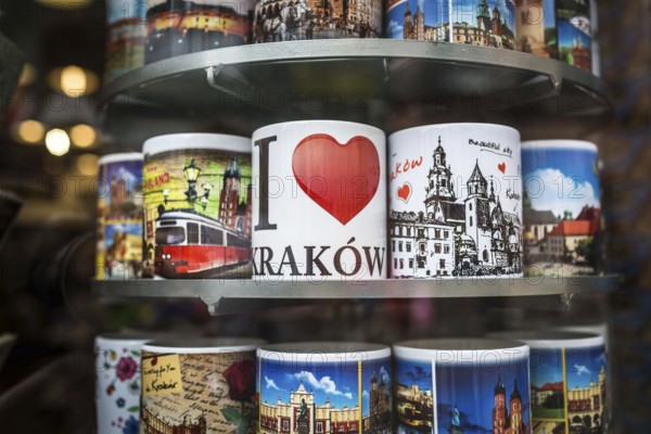 POL Poland Poland Krakow Krakow The range of printed mugs in a souvenir shop in the Old Town