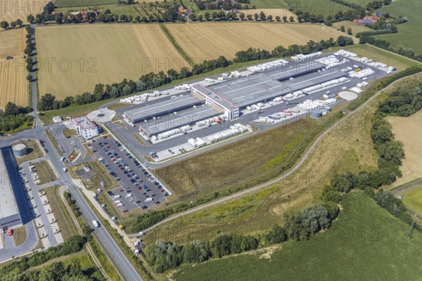 Aerial view, DPD depot in Hamm, truck stop Osterbönener Weg, logistics centre, Hamm, Ruhr area, North Rhine-Westphalia, Germany, DE, Europe, birds-eyes view, aerial view, aerial photography, aerial photography, overview, bird's eye view, truck stop, road block, road narrowing