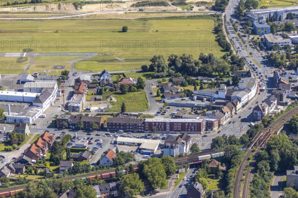 Aerial view, construction area Seeburger Straße, airfield EDLH, Münsterstraße, railway bridges, Hamm, Ruhr area, North Rhine-Westphalia, Germany, DE, Europe, birds-eyes, view, aerial view, aerial photography, aerial photography, overview, bird's eye view, construction, construction area, construction planning, construction areas, railway line, railway network, infrastructure, transport, train traffic, freight traffic, railway network