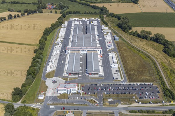 Aerial view, DPD depot in Hamm, truck stop Osterbönener Weg, logistics centre, Hamm, Ruhr area, North Rhine-Westphalia, Germany, DE, Europe, birds-eyes view, aerial view, aerial photography, aerial photography, overview, bird's eye view, truck stop, road block, road narrowing