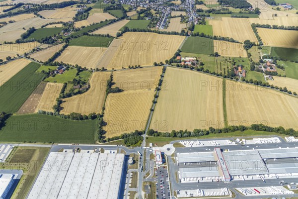 Aerial view, DPD depot in Hamm, truck stop Osterbönener Weg, logistics centre, Hamm, Ruhr area, North Rhine-Westphalia, Germany, DE, Europe, birds-eyes view, aerial view, aerial photography, aerial photography, overview, bird's eye view, truck stop, road block, road narrowing
