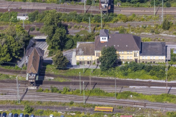 Aerial view, seven bridges, Günterstraße, railway subway, marshalling yard, former signal box, Hamm, Ruhr area, North Rhine-Westphalia, Germany, DE, Europe, birds-eyes, view, aerial photograph, aerial photography, aerial photography, overview, bird's eye view, freight, freight station, goods trains, freight traffic, transport, logistics