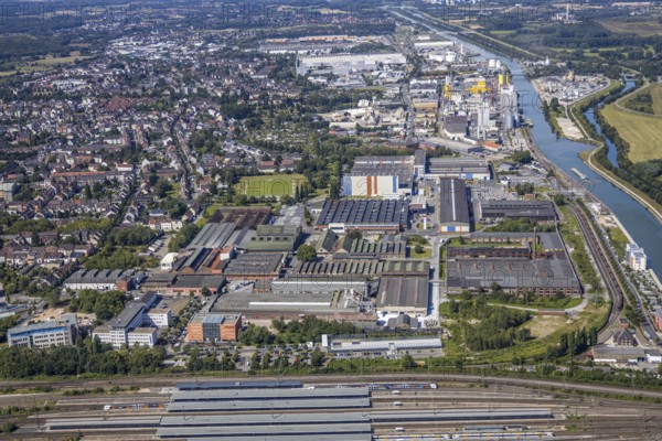 Aerial view, overview main station Hamm, industrial area, harbour, former Thyssen area, Hamm, Ruhr area, North Rhine-Westphalia, Germany, DE, Europe, birds-eyes, view, aerial photography, aerial photography, overview, bird's eye view, train traffic, railway traffic, traffic connection, travel, holiday, industrial area, industry, manufacturing, production, water, waterways, shipping, transport, logistics, goods, trade, infrastructure