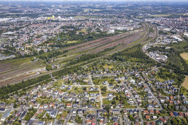 Aerial photo, marshalling yard, overview Lohauserholz, Hamm, Ruhr area, North Rhine-Westphalia, Germany, DE, Europe, birds-eyes, view, aerial photography, aerial photography, overview, bird's eye view, freight, freight yard, goods trains, freight traffic, transport, logistics