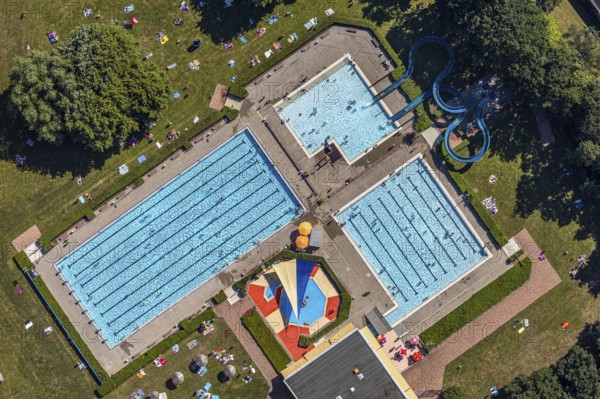 Aerial view, outdoor pool south, mountains, Hamm, Ruhr area, North Rhine-Westphalia, Germany, DE, Europe, birds-eyes, view, aerial photography, aerial photography, aerial photography, overview, overview, bird's eye view, outdoor pool, south, leisure, swimming, sports, fitness, water