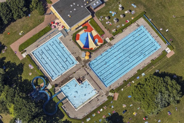 Aerial view, outdoor pool south, mountains, Hamm, Ruhr area, North Rhine-Westphalia, Germany, DE, Europe, birds-eyes, view, aerial photography, aerial photography, aerial photography, overview, overview, bird's eye view, outdoor pool, south, leisure, swimming, sports, fitness, water