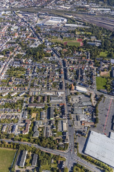 Aerial view, city centre view, Wilhelmstraße, sports centre west, Hamm, Ruhr area, North Rhine-Westphalia, Germany, DE, Europe, football pitch, football stadium, football club, property tax, real estate, aerial view, aerial photography, aerial photography, sports, sports facilities, sports field, sports facility, stadium, overview, bird's eye view, residential area, living and working, living and life, residential area, residential buildings, residential quality, housing estate, birds-eyes view, overview