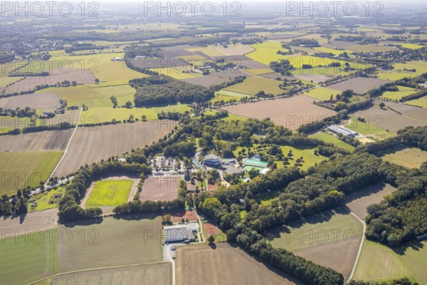 Aerial view, Selbachpark, sports field, outdoor swimming pool Selbachpark, Hamm, Ruhr area, North Rhine-Westphalia, Germany, bathing establishment, bathing resort, DE, Europe, distant view, outdoor swimming pool, leisure, football pitch, football stadium, football club, gastronomy, hotel, Hotel Selbachpark, hotel facilities, hotel business, agricultural fields, aerial view, aerial photography, aerial photography, mosaic shape, pool, swimming pool, swimming pool, sports, sports facilities, sports field 1. FC Pelkum e.V., sports facility, stadium, tennis, tennis facility, tennis courts, tennis club, overview, bird's-eye view, meadows and fields, birds-eyes view, overview