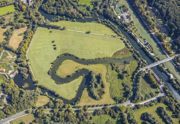Aerial view, Mühlengraben, Mühlenteich, Ennigerbach, river Lippe, bridge Fährstraße, Wasser- und Schifffahrtsamt, Hamm, Ruhr area, North Rhine-Westphalia, Germany, authority, DE, Europe, forms and colours, green trees, landscape forms, aerial view, aerial photography, aerial photography, nature, castle mill, overview, bird's-eye view, meadows and fields, birds-eyes view, overview