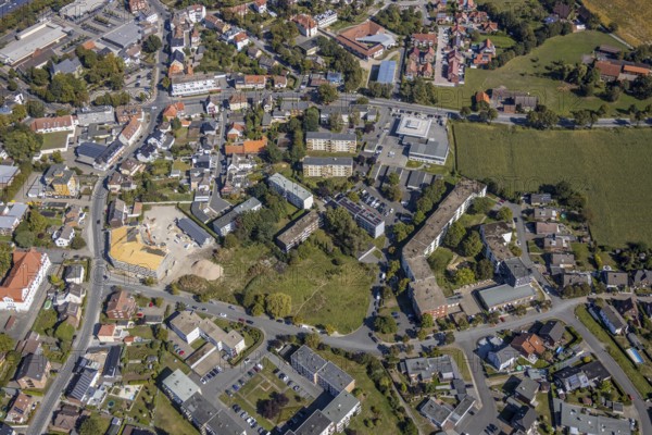 Aerial view, construction site residential buildings Waldenburger Straße corner Holzstraße, Herringen, Hamm, Ruhr area, North Rhine-Westphalia, Germany, construction work, construction area, construction site, building plots, construction crane, construction measure, construction project, construction site, DE, development, Europe, property tax, real estate, capacity requirement, aerial photograph, aerial photography, aerial photography, new construction, renovation, overview, bird's eye view, residential complex, living and living, residential area, residential buildings, residential neighbourhood, housing estate, birds-eyes view, overview