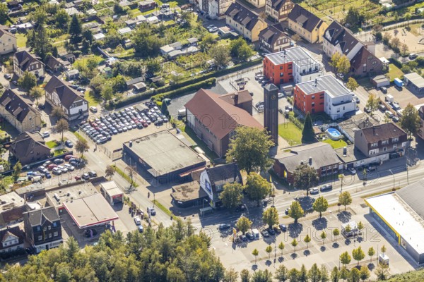 Aerial view, catholic Marienkirche, new building catholic Marienheim, Wiescherhöfen, Hamm, Ruhr area, North Rhine-Westphalia, Germany, old people's home, retirement home, retirement home, place of worship, care and nursing, DE, Europe, religious community, place of worship, Kamener Straße, church, parish, denomination, aerial view, aerial photography, aerial photography, care facility, retirement home, retirement home, retirement home, retirement centre, overview, bird's eye view, birds-eyes view, overview
