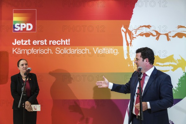 DEU Germany Germany Berlin Raising the rainbow flag with Petra Nowacki and SPD General Secretary Hubertus Heil in front of the SPD headquarters, the Willy Brandt House, four days in front of CSD