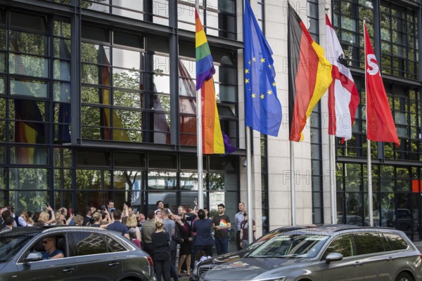 DEU Germany Germany Berlin Raising the rainbow flag with Petra Nowacki and SPD General Secretary Hubertus Heil in front of the SPD headquarters, the Willy Brandt House, four days in front of CSD