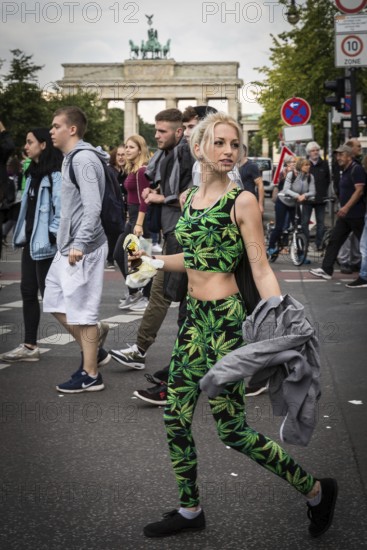 DEU Germany Germany Berlin Scene of the Hanfparade.woman with hemp fashion in front of the Brandenburg Tor