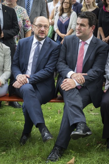 DEU Germany Germany Berlin SPD leader and candidate for chancellor Martin Schulz during the inauguration of the memorial to Marie Juchacz, founder of the Workers' Welfare Association AWO. Hubertus Heil, SPD General Secretary, next to him
