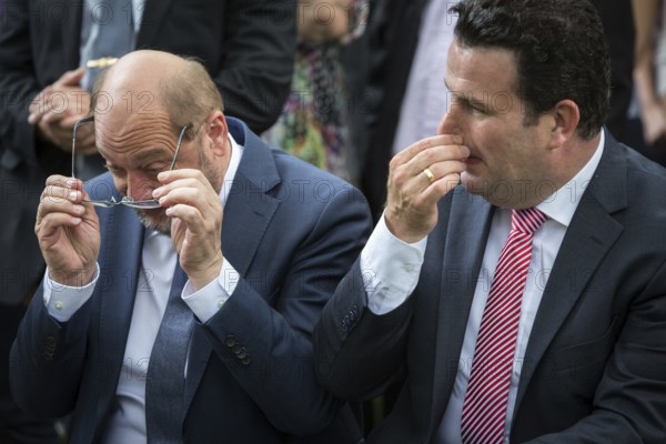 DEU Germany Germany Berlin SPD leader and candidate for chancellor Martin Schulz during the inauguration of the memorial to Marie Juchacz, founder of the Workers' Welfare Association AWO. Hubertus Heil, SPD General Secretary, next to him