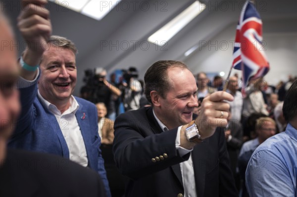 DEU Germany Germany Berlin Election event of the Alternative for Germany AFD with Beatrix von Storch with the British founder of the UKIP party Nigel Farage. Audience with Union Jack flags
