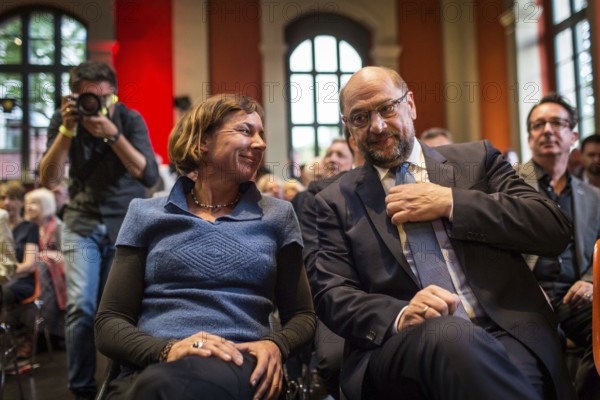 DEU Germany Germany Berlin SPD chancellor candidate Martin Schulz with writer Juli Zeh at an event organised by the SPD Cultural Forum in Berlin's Lapidarium