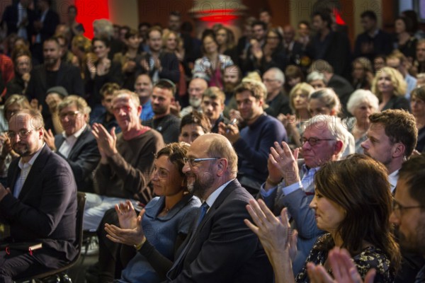 DEU Germany Germany Berlin SPD chancellor candidate Martin Schulz with writer Juli Zeh at an event organised by the SPD Cultural Forum in Berlin's Lapidarium