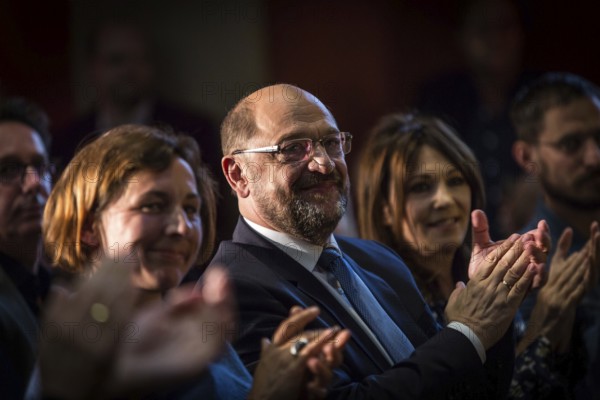 DEU Germany Germany Berlin SPD chancellor candidate Martin Schulz with writer Juli Zeh and actress Iris Berben at an event organised by the SPD Cultural Forum in Berlin's Lapidarium