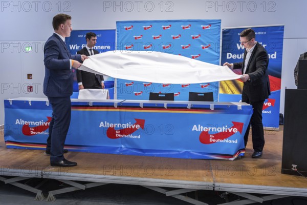 DEU Germany Germany Berlin Election event of the Alternative for Germany AFD with Beatrix von Storch with the British founder of the UKIP party Nigel Farage. Preparation of the appearance with white tablecloths