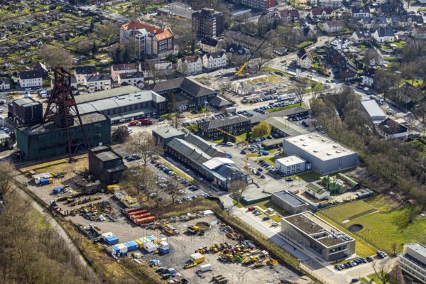 Aerial view, industrial area, former coal mine, double trestle winding tower of the former Pluto colliery in Wanne-Eickel, Herne, Ruhr area, North Rhine-Westphalia, Germany, DE, Europe, birds-eyes, view, aerial photography, aerial photography, overview, overview, bird's eye view, former, industry, industrial culture, industrial history, trade, economy, commercial enterprise, production, trade
