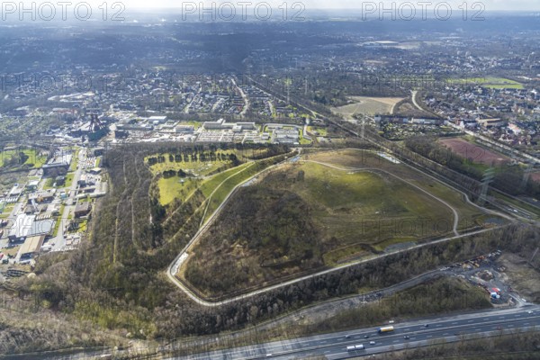 Aerial view, Pluto-Wilhelm mountain dump with Pluto observation tower, Herne, Ruhr area, North Rhine-Westphalia, Germany, DE, Europe, birds-eyes, view, aerial photograph, aerial photography, aerial photography, overview, bird's-eye view, industrial history, industrial culture, sight