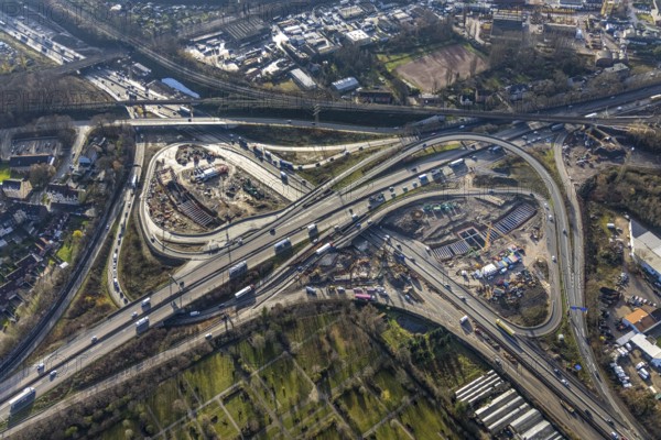 Aerial view, construction site due to A43 extension, motorway junction Herne, motorway A42, motorway A43, Baukau-West, Herne, Ruhr area, North Rhine-Westphalia, Germany, motorway, motorway bridge, motorway junction, construction work, construction, construction vehicles, construction area, construction site, construction site, construction project, construction site, DE, renewal, Europe, aerial view, aerial photography, aerial photography, overview, bird's eye view, birds-eyes view, overview