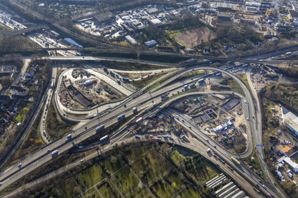 Aerial view, construction site due to A43 extension, motorway junction Herne, motorway A42, motorway A43, Baukau-West, Herne, Ruhr area, North Rhine-Westphalia, Germany, motorway, motorway bridge, motorway junction, construction work, construction, construction vehicles, construction area, construction site, construction site, construction project, construction site, DE, renewal, Europe, aerial view, aerial photography, aerial photography, overview, bird's eye view, birds-eyes view, overview