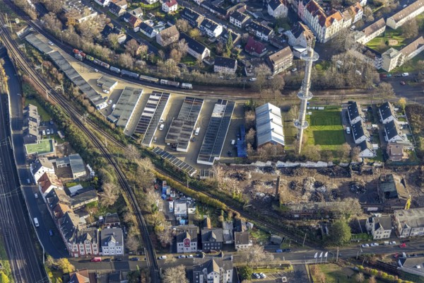 Aerial view, garage yard Mulvanystraße, transmission mast, construction site demolition site, Herne-Mitte, Herne, Ruhr area, North Rhine-Westphalia, Germany, demolition work, demolition building, DE, Europe, commercial enterprises, commercial area, commercial area, commercial site, commercial use, industrial area, industrial site, aerial view, aerial photography, aerial photography, mast, tower, overview, bird's-eye view, overview