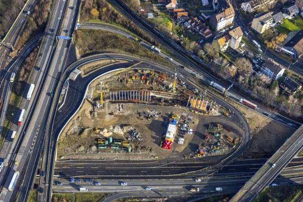 Aerial view, construction site due to A43 extension, motorway junction Herne, motorway A42, motorway A43, Baukau-West, Herne, Ruhr area, North Rhine-Westphalia, Germany, motorway, motorway bridge, motorway junction, construction work, construction, construction vehicles, construction area, construction site, construction site, construction project, construction site, DE, renewal, Europe, aerial view, aerial photography, aerial photography, overview, bird's eye view, birds-eyes view, overview