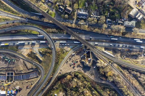 Aerial view, construction site due to A43 extension, motorway junction Herne, motorway A42, motorway A43, Baukau-West, Herne, Ruhr area, North Rhine-Westphalia, Germany, motorway, motorway bridge, motorway junction, construction work, construction, construction vehicles, construction area, construction site, construction site, construction project, construction site, DE, renewal, Europe, aerial view, aerial photography, aerial photography, overview, bird's eye view, birds-eyes view, overview