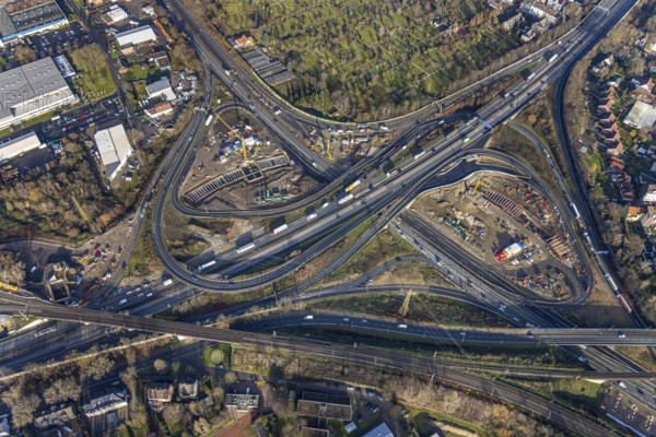 Aerial view, construction site due to A43 extension, motorway junction Herne, motorway A42, motorway A43, Baukau-West, Herne, Ruhr area, North Rhine-Westphalia, Germany, motorway, motorway bridge, motorway junction, construction work, construction, construction vehicles, construction area, construction site, construction site, construction project, construction site, DE, renewal, Europe, aerial view, aerial photography, aerial photography, overview, bird's eye view, birds-eyes view, overview