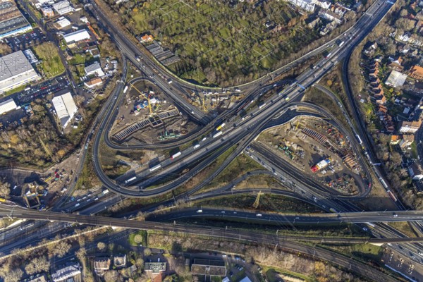 Aerial view, construction site due to A43 extension, motorway junction Herne, motorway A42, motorway A43, Baukau-West, Herne, Ruhr area, North Rhine-Westphalia, Germany, motorway, motorway bridge, motorway junction, construction work, construction, construction vehicles, construction area, construction site, construction site, construction project, construction site, DE, renewal, Europe, aerial view, aerial photography, aerial photography, overview, bird's eye view, birds-eyes view, overview