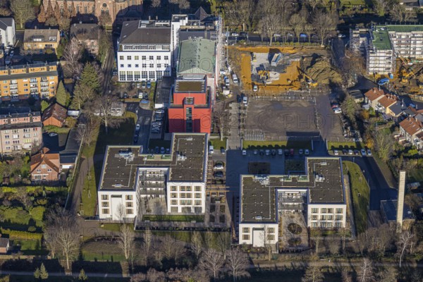 Aerial view, construction site Widumer Höfe, the future retirement home of the St. Elisabeth Group, Sodingen, Herne, Ruhr area, North Rhine-Westphalia, Germany, retirement home, old people's home, construction work, building, construction area, building site, building plots, construction project, construction site, care and nursing, DE, Europe, aerial view, aerial photography, aerial photography, new building, care facility, retirement home, retirement residence, retirement home, retirement centre, overview, bird's-eye view, Widumer Straße, birds-eyes view, overview