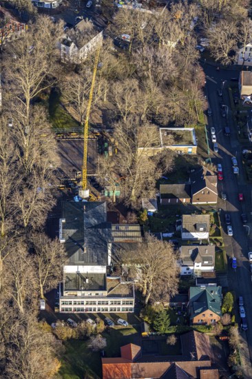 Aerial view, construction site Widumer Höfe, the future retirement home of the St. Elisabeth Group, Sodingen, Herne, Ruhr area, North Rhine-Westphalia, Germany, retirement home, old people's home, construction work, building, construction area, building site, building plots, construction project, construction site, care and nursing, DE, Europe, aerial view, aerial photography, aerial photography, new building, care facility, retirement home, retirement residence, retirement home, retirement centre, overview, bird's-eye view, Widumer Straße, birds-eyes view, overview