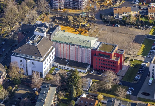 Aerial view, construction site Widumer Höfe, the future retirement home of the St. Elisabeth Group, Sodingen, Herne, Ruhr area, North Rhine-Westphalia, Germany, retirement home, old people's home, construction work, building, construction area, building site, building plots, construction project, construction site, care and nursing, DE, Europe, aerial view, aerial photography, aerial photography, new building, care facility, retirement home, retirement residence, retirement home, retirement centre, overview, bird's-eye view, Widumer Straße, birds-eyes view, overview