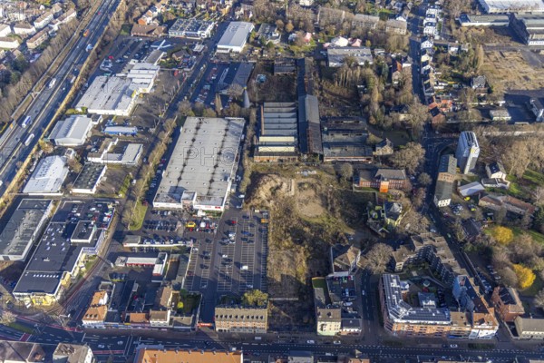 Aerial view, toom shopping centre, demolition site former Dorn-Schrauben, Spitzbunker, Baukau, Herne, Ruhr area, North Rhine-Westphalia, Germany, demolition work, demolition building, DE, shopping markets, shopping place, shopping centre, Europe, commercial enterprises, commercial area, commercial park, commercial location, commercial use, industrial area, industrial building, industrial location, aerial view, aerial photography, aerial photography, local supply centre, car parks, overview, bird's-eye view, overview