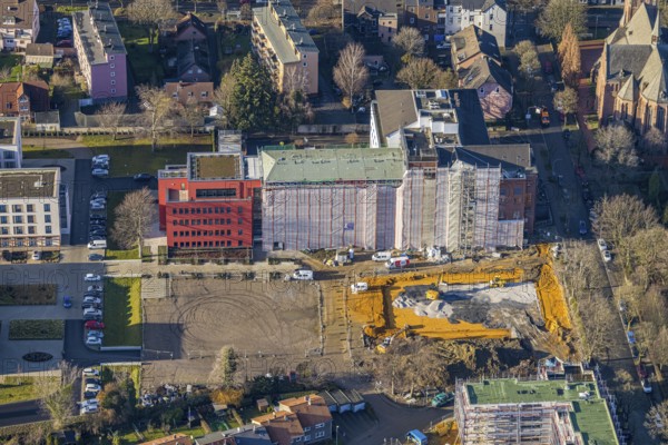 Aerial view, construction site Widumer Höfe, the future retirement home of the St. Elisabeth Group, Sodingen, Herne, Ruhr area, North Rhine-Westphalia, Germany, retirement home, old people's home, construction work, building, construction area, building site, building plots, construction project, construction site, care and nursing, DE, Europe, aerial view, aerial photography, aerial photography, new building, care facility, retirement home, retirement residence, retirement home, retirement centre, overview, bird's-eye view, Widumer Straße, birds-eyes view, overview