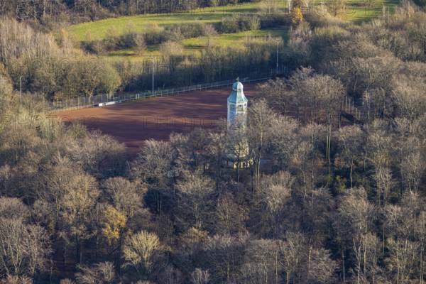 Aerial view, water tower in Volkspark Sodingen, sports field Am Volkspark, Börnig, Herne, Ruhr area, North Rhine-Westphalia, Germany, DE, Europe, football pitch, aerial view, aerial photography, aerial photography, Mont-Cenis-Straße, park, sports facilities, sports field, sports facility, tower, overview, bird's-eye view, overview