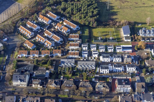Aerial view, construction site, new residential area Henin-Beaumont-Straße, Sodingen, Herne, Ruhr area, North Rhine-Westphalia, Germany, construction work, building, construction area, building site, building plots, construction project, construction site, DE, Europe, property tax, real estate, aerial view, aerial photography, aerial photography, apartment buildings, apartment blocks, new build, photovoltaic, photovoltaic system, terraced houses, solar, solar system, solar energy, solar energy, overview, bird's-eye view, housing estate, housing and living, residential area, residential buildings, quality of living, residential neighbourhood, housing estate, birds-eyes view, overview
